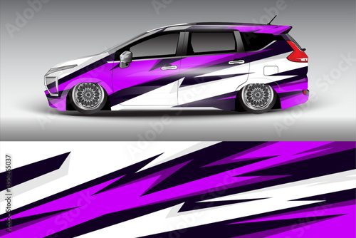 Stylishly customized minivan with vibrant purple and white graphics, showcased on a sleek background