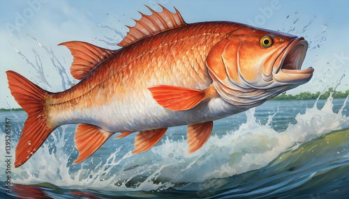 Red Snapper Fish Leaping Water Splash Vibrant Colors Detailed Art