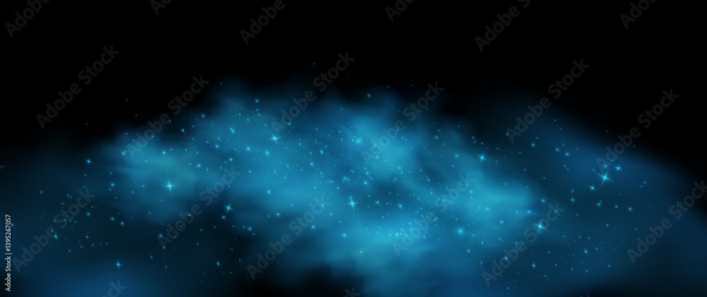 Obraz premium Fantastic blue smoke background. Blue fog with stars and small glowing particles. Vector