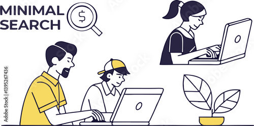 SEO search cartoon vector illustration of a person sitting at an office desk working on a laptop for business