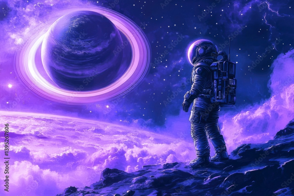 Naklejka premium Astronaut gazing at a vibrant purple planet with rings, amidst a cosmic nebula in deep space