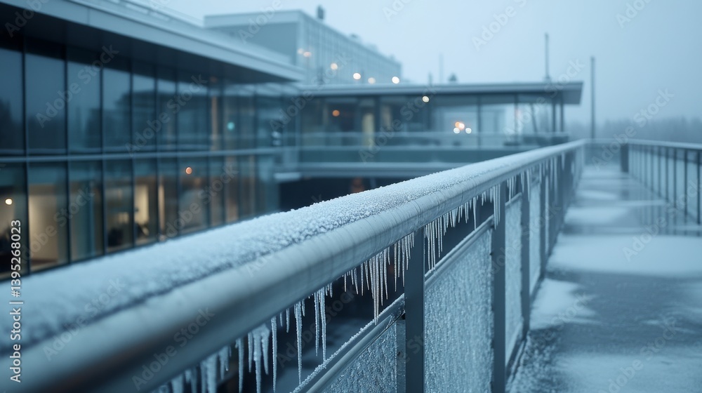 Fototapeta premium Icicles hang along a modern building's cold steel railing, casting reflections on a frosty winter morning.
