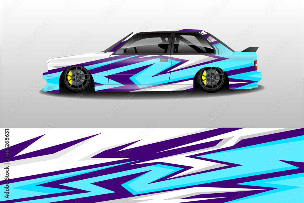 Stylishly Modified Car with Vibrant Blue and Purple Graphics in a Minimalistic Setting Stylishly Modified Car with Vibrant Blue and Purple Graphics in a Minimalistic Setting