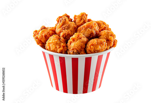 Delicious crispy fried chicken in a striped bucket isolated on transparent background