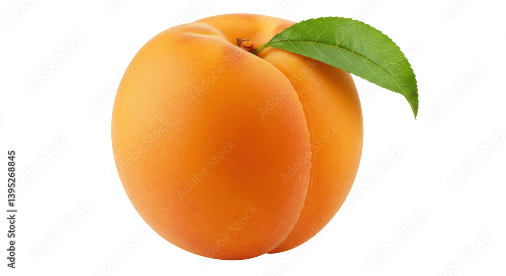 Fresh, ripe apricot with a green leaf, showcasing its vibrant color against a white background Fresh, ripe apricot with a green leaf, showcasing its vibrant color against a white background