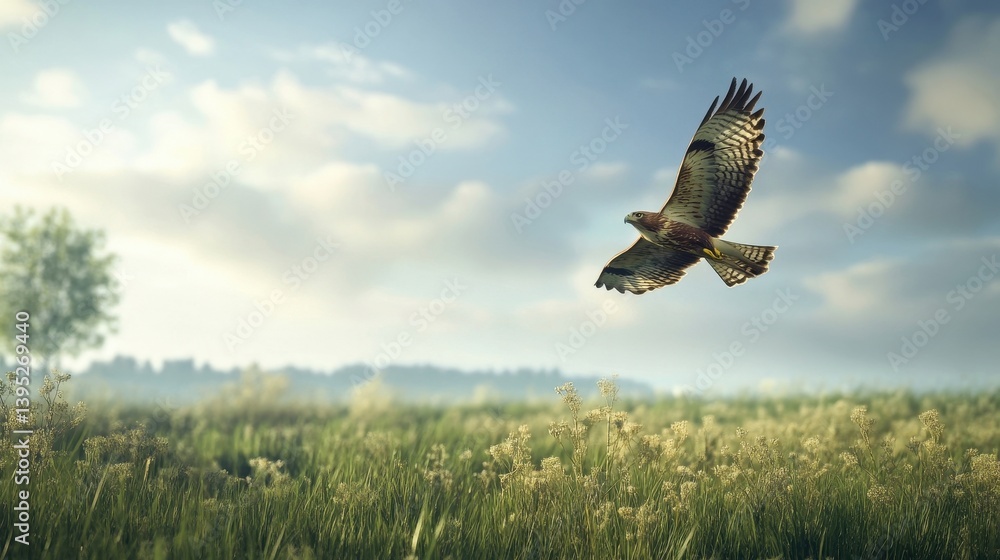 Fototapeta premium majestic hawk soaring over serene meadow landscape