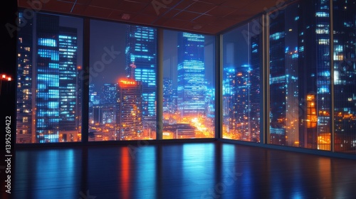 Empty room with large windows overlooking a vibrant city skyline at night. 