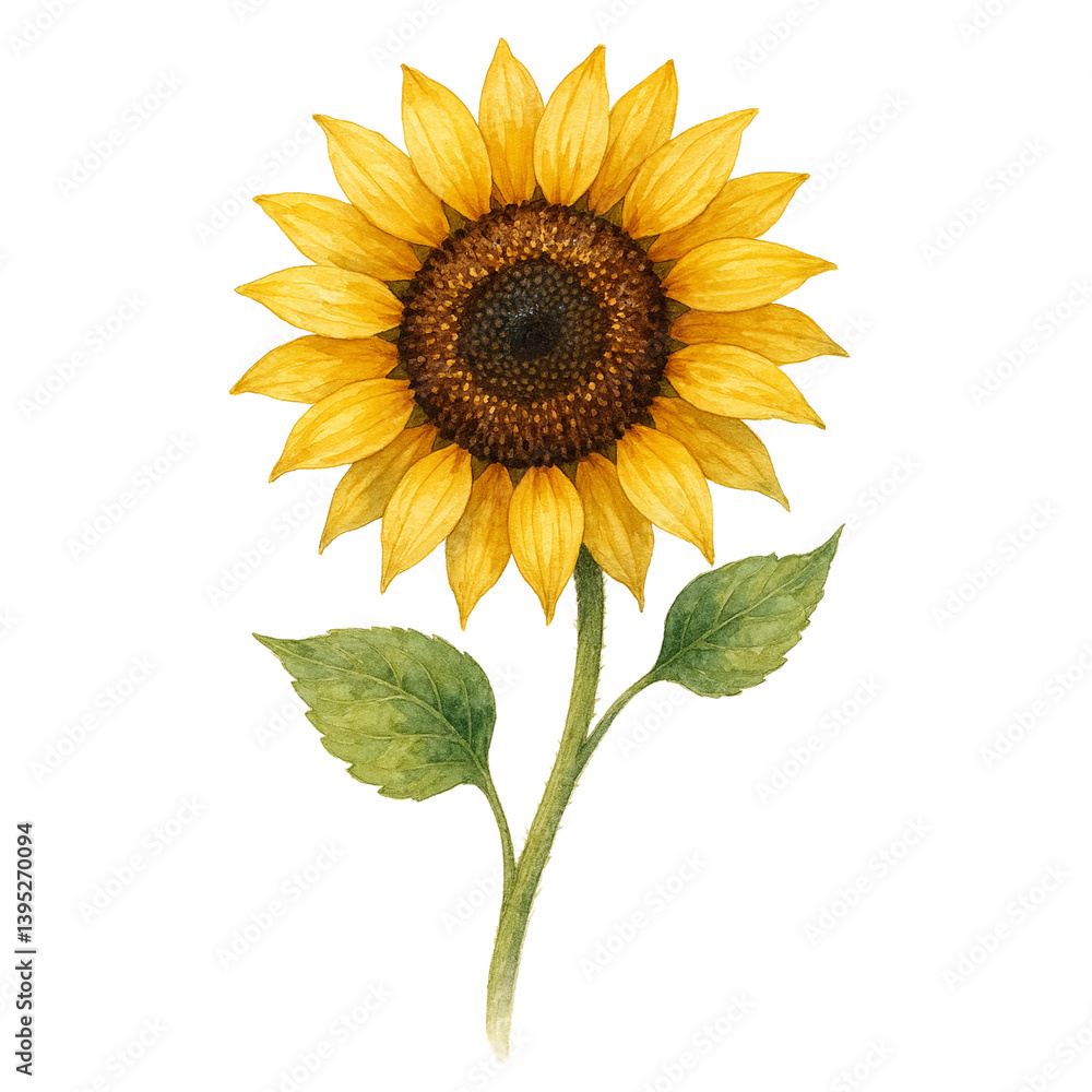 Fototapeta premium Watercolor Illustration of a Vibrant Sunflower with Green Leaves