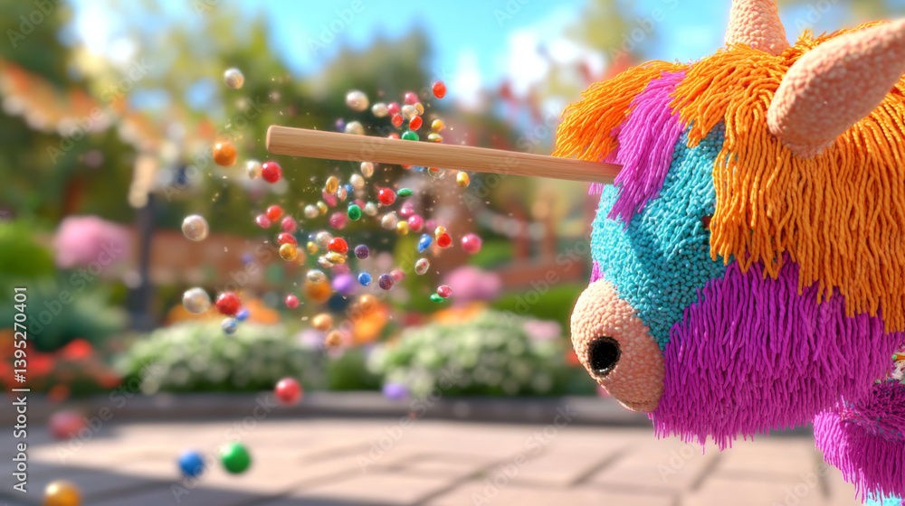 Obraz premium Pinata bursting with colorful candy in outdoor celebration scene