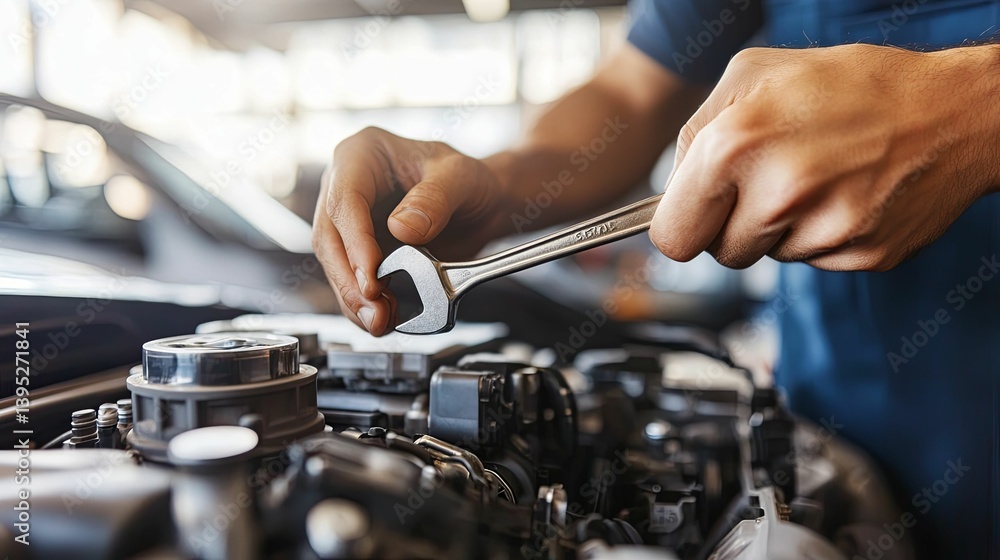A mechanic repairing an automobile engine with a wrench A mechanic repairing an automobile engine with a wrench