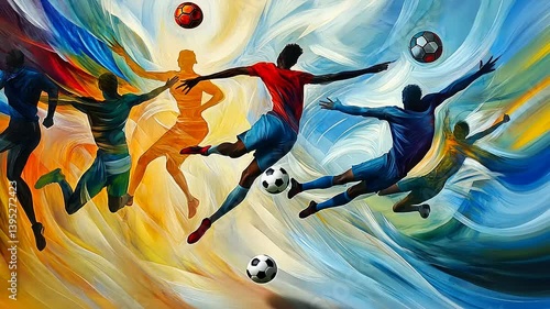 Abstract Soccer Painting: Dynamic Flight of Athletes