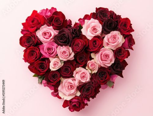 Heart-shaped arrangement of colorful roses on a pink background
