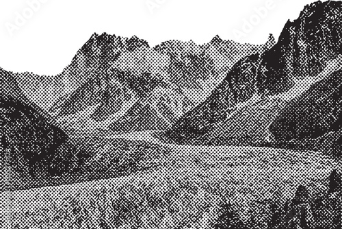Mountain Valley with Glacier Illustration, a detailed grayscale illustration of a vast mountain valley with a prominent glacier flowing through it.