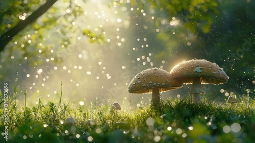Wallpaper Mural Magical mushrooms in dewy forest sunrise Torontodigital.ca