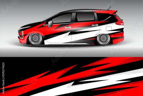 Sleek, modified car with dynamic graphic design parked against a gradient background, showcasing automotive creativity