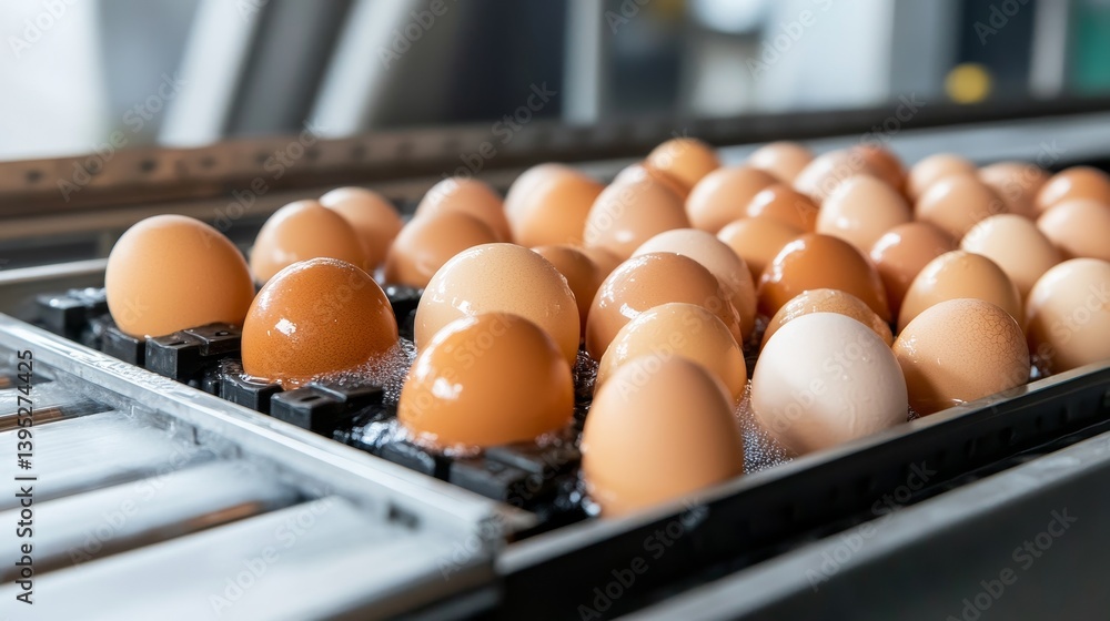 Eggs on Conveyor Belt in Processing Plant, Food Industry, Production , Automation Eggs on Conveyor Belt in Processing Plant, Food Industry, Production , Automation