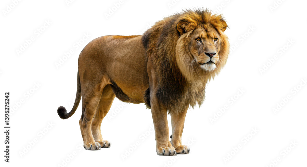 Obraz premium Majestic lion standing confidently, showcasing its powerful physique in a natural setting