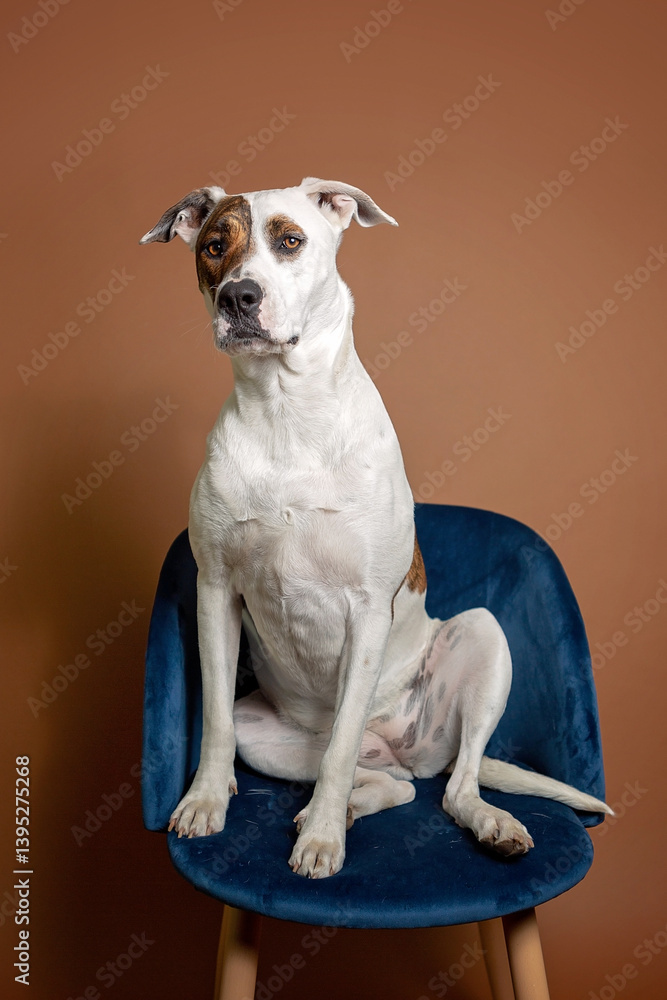 White and patched bull arab sitting on velvet chair White and patched bull arab sitting on velvet chair