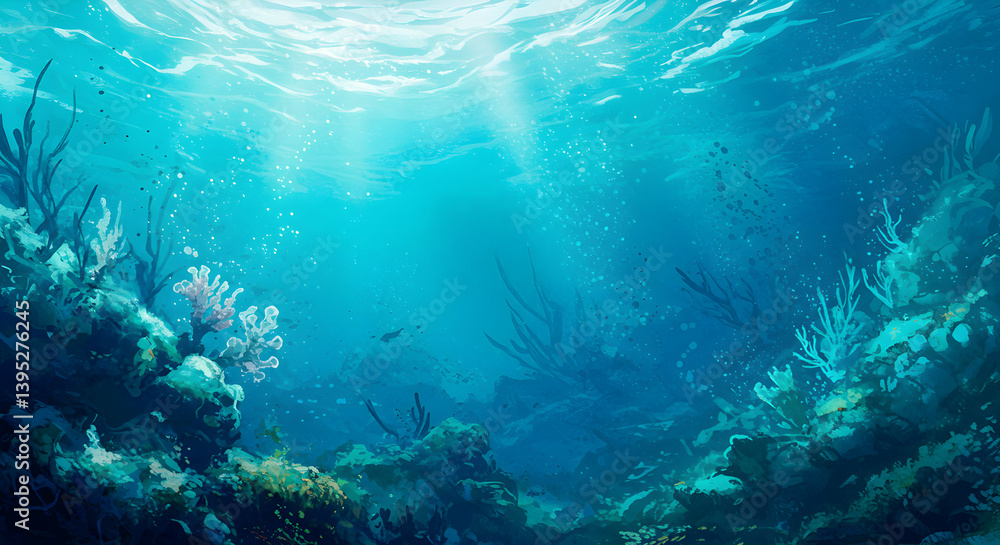 Fototapeta premium Underwater Coral Reef Scene With Sunlight