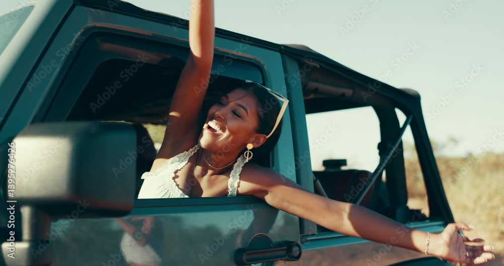Journey, excited and woman with vehicle, smile and happiness with vacation, road trip and joy. Person, outdoor and traveller with weekend break, summer holiday and countryside with commute and energy Journey, excited and woman with vehicle, smile and happiness with vacation, road trip and joy. Person, outdoor and traveller with weekend break, summer holiday and countryside with commute and energy