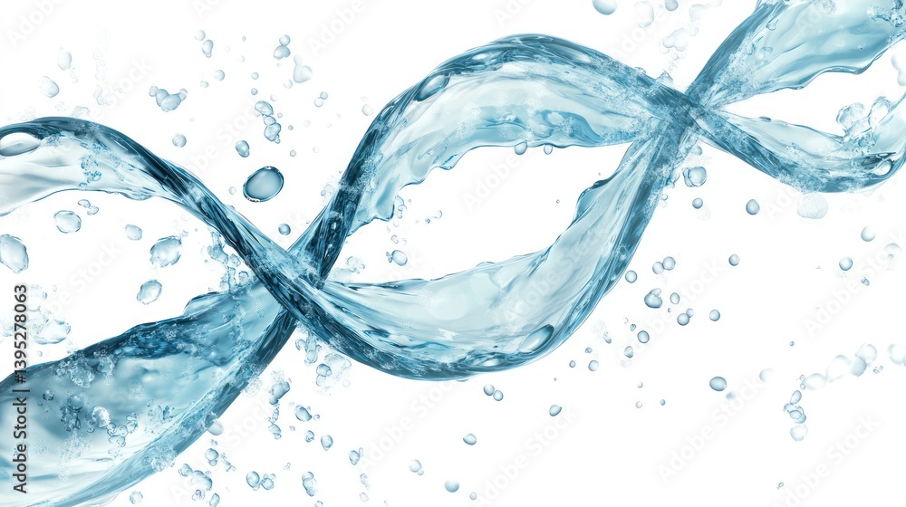 Double helix water splash, white background, purity concept, ad use Double helix water splash, white background, purity concept, ad use