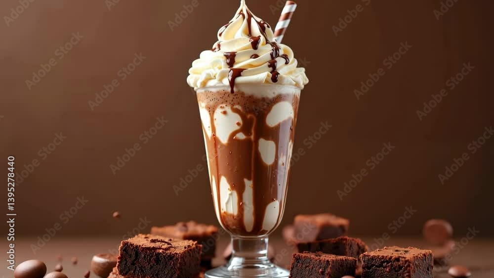 Ice cream with chocolate and whipped cream and flying brownies against brown background. 4K, motion Ice cream with chocolate and whipped cream and flying brownies against brown background. 4K, motion