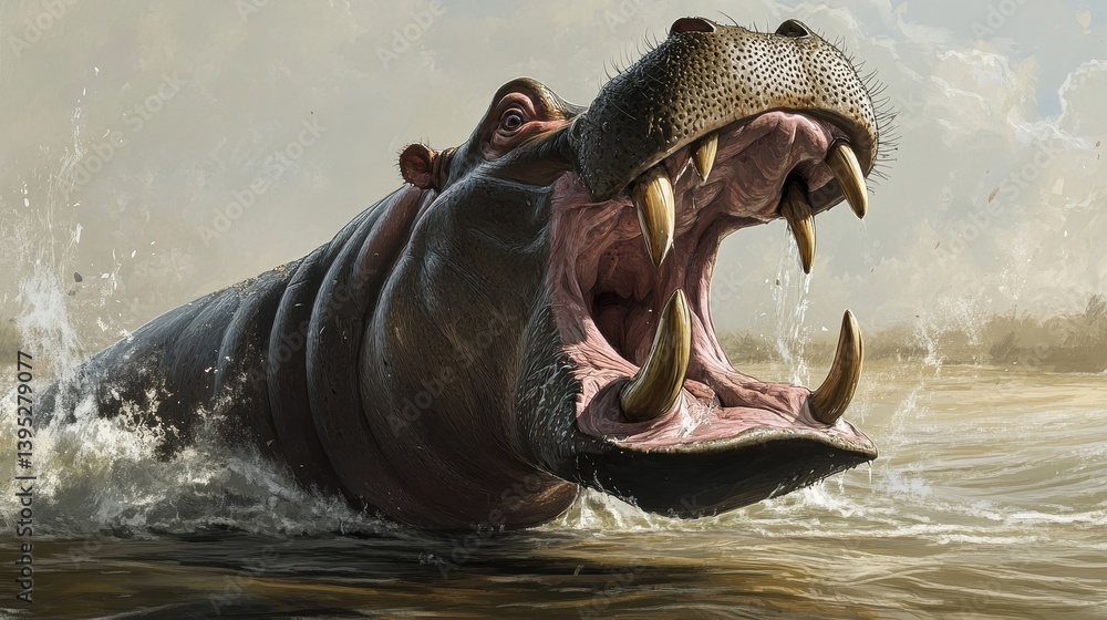 Fototapeta premium hippopotamus emerging from water angry hippo wildlife art