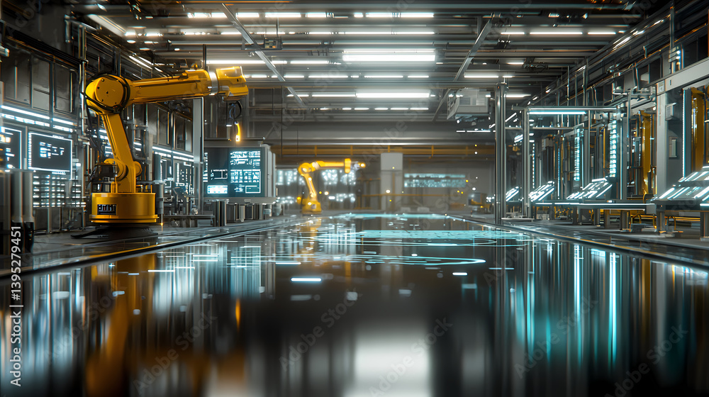 Fototapeta premium A modern industrial workspace featuring robotic arms, sleek surfaces, and high-tech displays, showcasing automation and advanced technology.