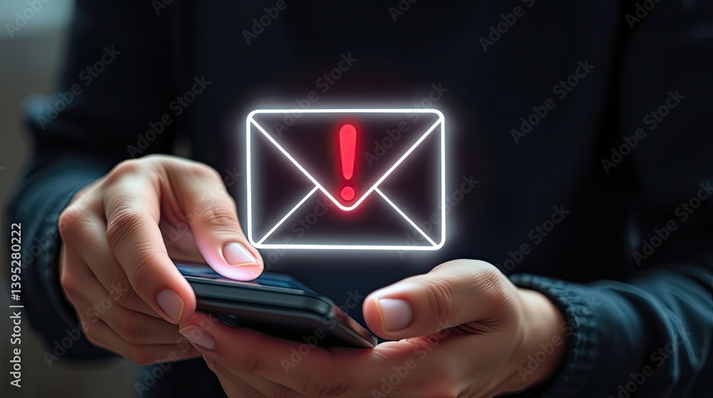 A smartphone displays an email notification with an exclamation mark