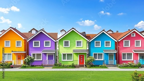 Row of colorful houses under a bright sky