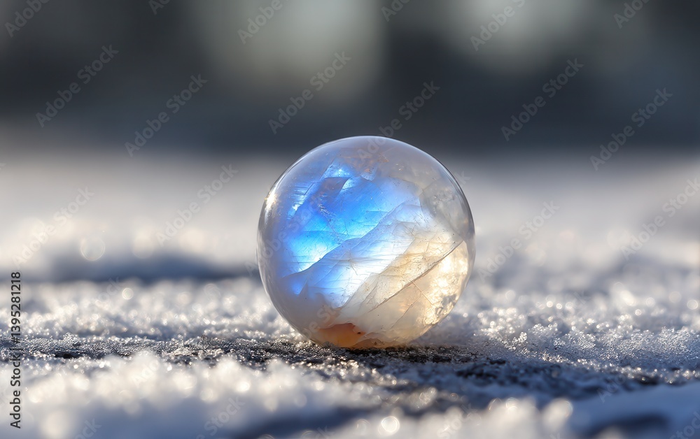 A polished moonstone placed gently on a snow-covered surface under soft winter light A polished moonstone placed gently on a snow-covered surface under soft winter light