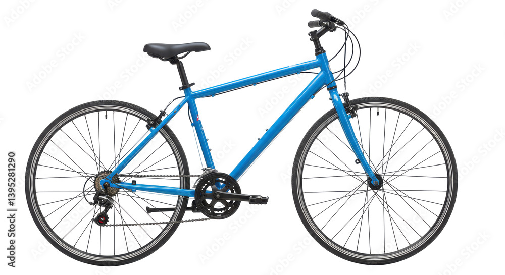 Obraz premium A vibrant blue bicycle parked against a white background, showcasing its sleek design and features