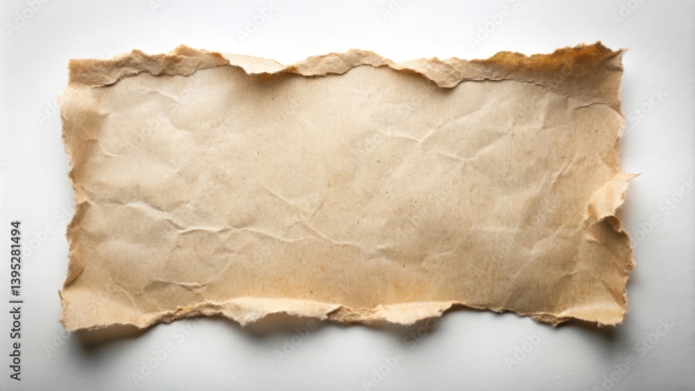 A Torn Piece of Aged, Wrinkled Paper with Irregular Edges, Ideal for Textured Backgrounds or Vintage Designs A Torn Piece of Aged, Wrinkled Paper with Irregular Edges, Ideal for Textured Backgrounds or Vintage Designs