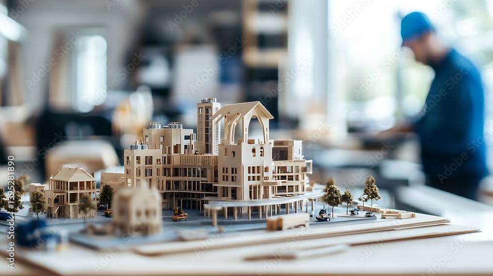 A miniature textile mill model displayed on a clean office table, with plenty of natural light filling the modern office environment.