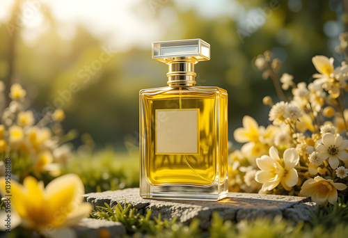 Golden Perfume Bottle on a Stone Pedestal Surrounded by Yellow Flowers, Spring Scent

