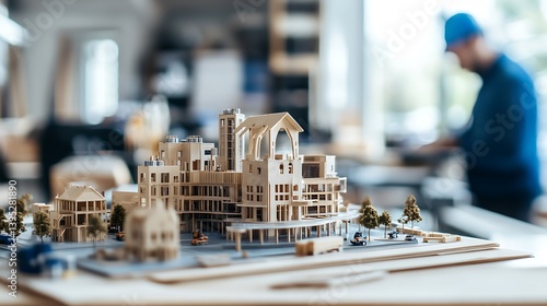 Obraz na płótnie A miniature textile mill model displayed on a clean office table, with plenty of natural light filling the modern office environment. w salonie