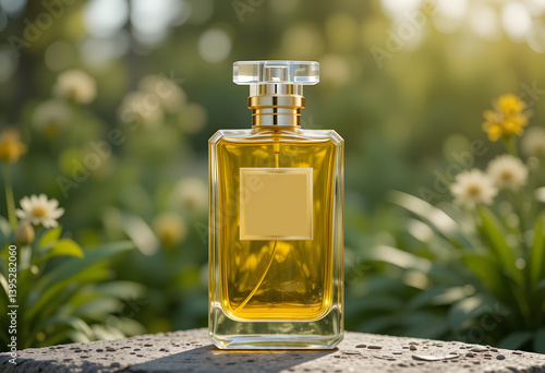 Golden Perfume mockup Bottle on a Stone Surface with a Blurred Floral Background, Natural Essence

