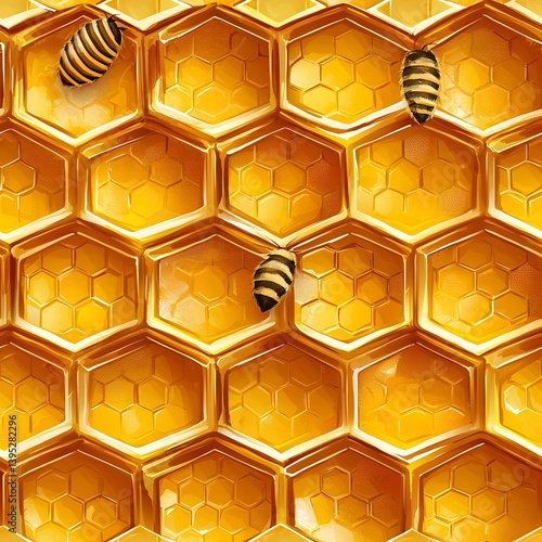 A detailed seamless honeycomb pattern background texture features golden honey cells and busy bees ideal for wallpaper or textile design projects offe a rich and sweet