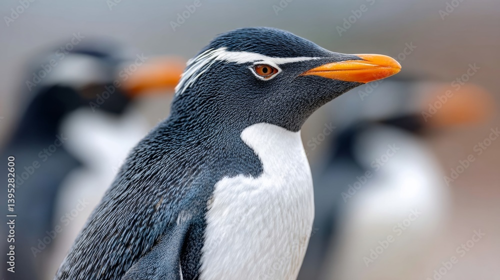 Naklejka premium Penguin is standing on a beach with its head tilted to the side. The penguin is looking at the camera, and its orange beak is visible. The scene is peaceful and serene