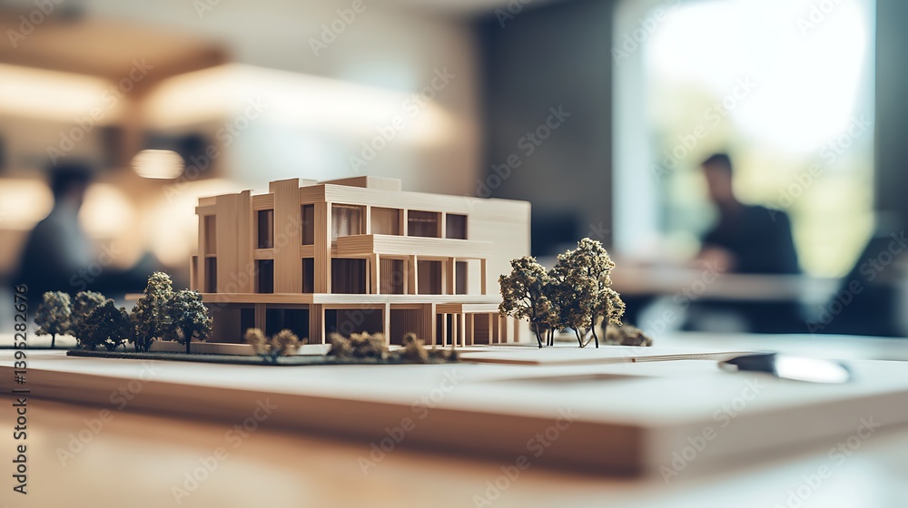 A detailed model of a textile mill sitting on an office desk in a bright, well-lit office space, creating a productive atmosphere.