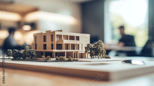 Obraz na płótnie A detailed model of a textile mill sitting on an office desk in a bright, well-lit office space, creating a productive atmosphere. w salonie