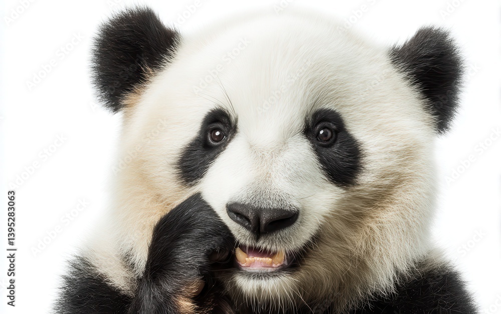 Obraz premium Cheerful panda with paw near mouth and friendly smile, clean white backdrop, soft lighting, cute bear expression