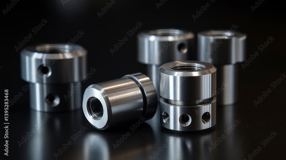 Close-up of precisely machined metal parts with threaded inserts and multiple holes, arranged on a dark reflective surface. Close-up of precisely machined metal parts with threaded inserts and multiple holes, arranged on a dark reflective surface.