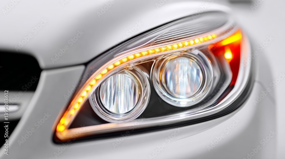Close up of a car's headlight with a yellow light. The light is on and the car is white Close up of a car's headlight with a yellow light. The light is on and the car is white