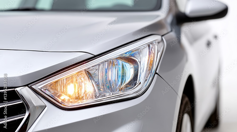Silver car with a bright headlight. The headlight is lit up and the car is parked Silver car with a bright headlight. The headlight is lit up and the car is parked