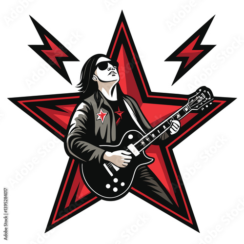 Create a bold, vector illustration of a rock guitarist performing energetically, incorporating an electric guitar and emphasizing strong lines.