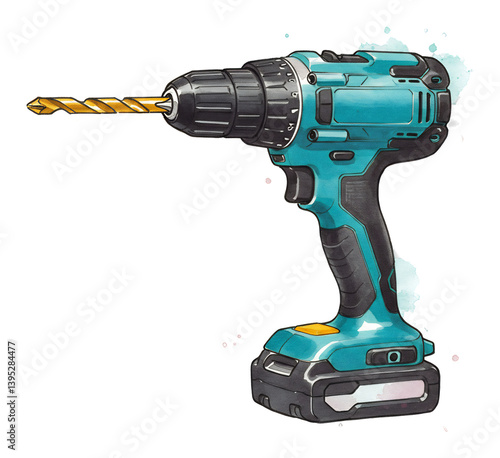 Teal cordless drill watercolor illustration. AI Generated