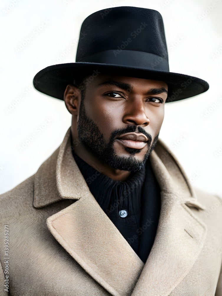 A handsome Black man with a well-groomed beard models a stylish fedora and beige overcoat against a white backdrop. A handsome Black man with a well-groomed beard models a stylish fedora and beige overcoat against a white backdrop.