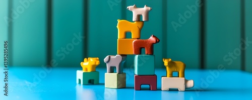 Colorful animal blocks create a playful tower against a teal background showcasing vibrant colors