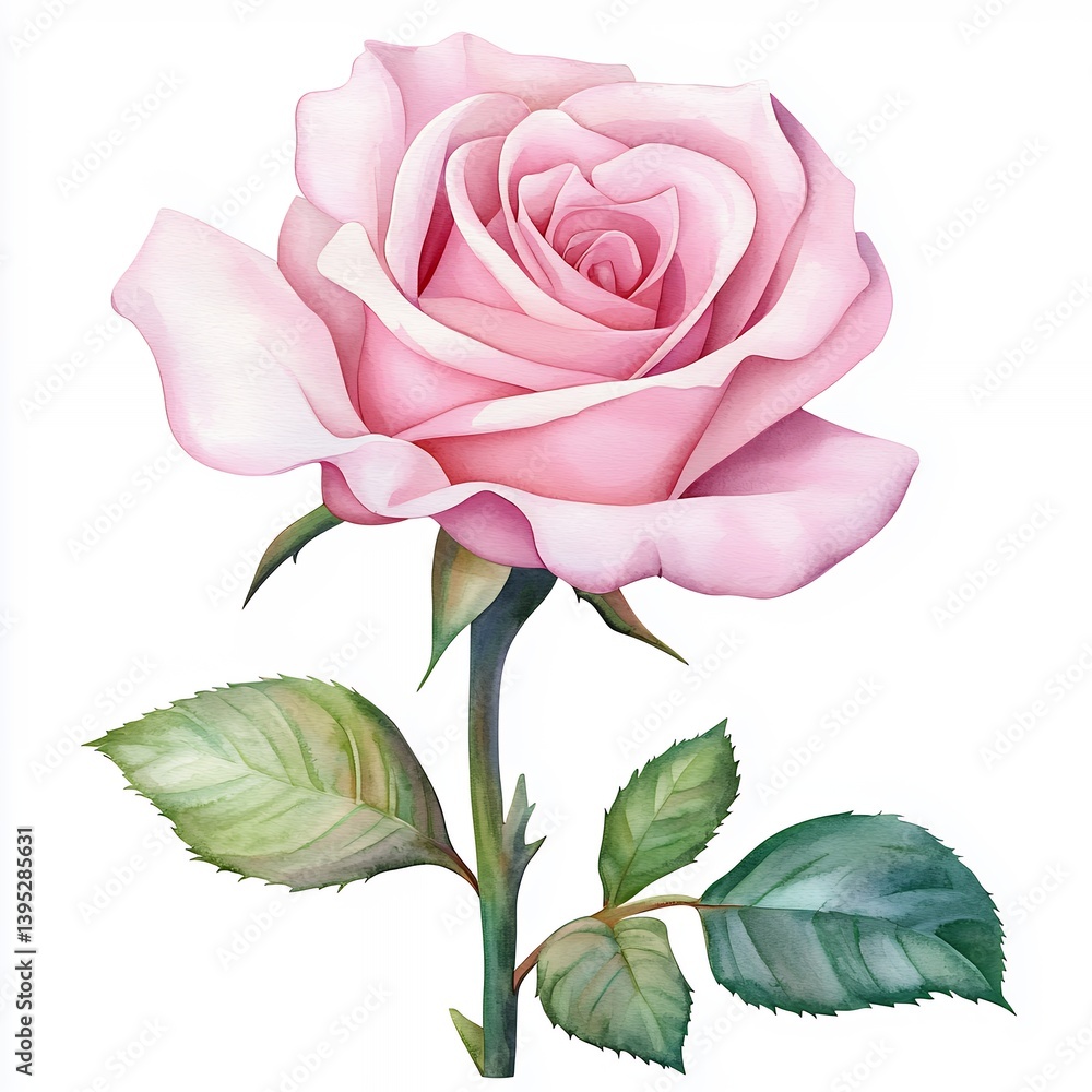 Fototapeta premium Pale Pink Rose Watercolor Illustration on White Background